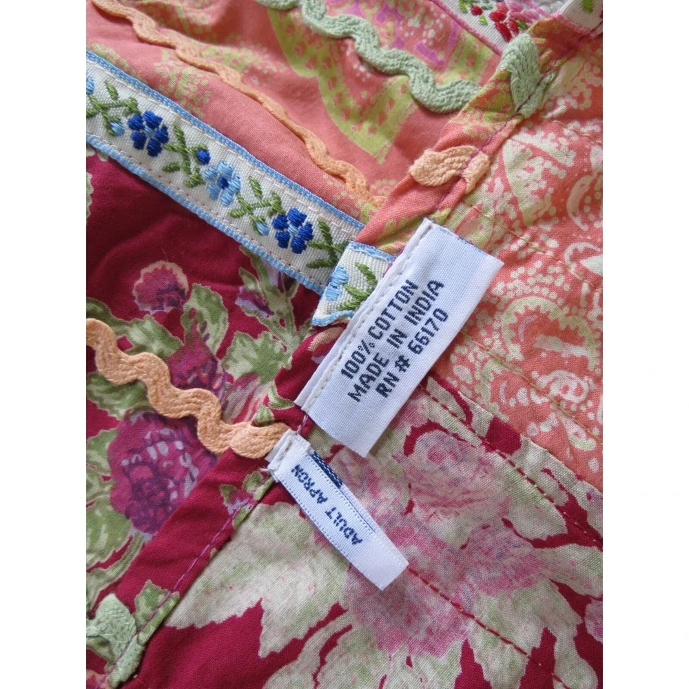 Cotton Embroidered Floral Apron 76 Inch Tie Red Pink OSFA